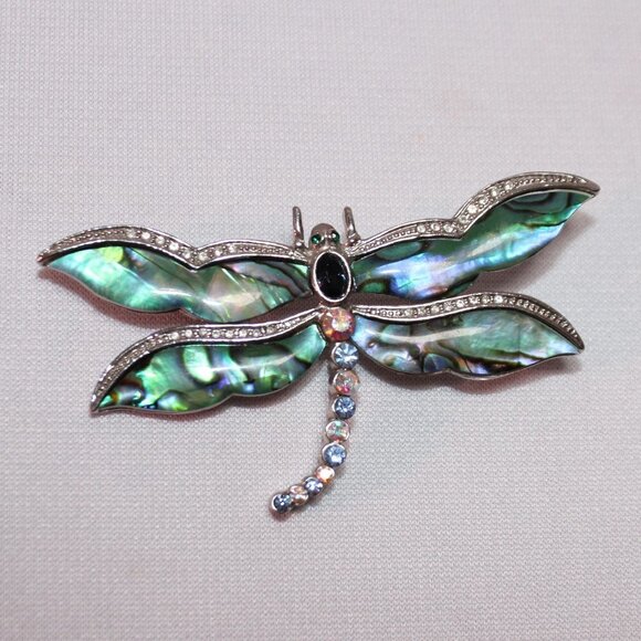 Vintage Abalone Dragonfly Brooch w/Rhinestones - Picture 1 of 9